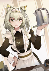 Rule 34 | 1girl, alternate costume, animal ear fluff, animal ears, apron, arknights, asc11, bad id, bad pixiv id, black dress, breasts, cat ears, coffee pot, cowboy shot, desk, dress, enmaided, green eyes, green hair, hand on own hip, highres, holding, holding tray, indoors, kal&#039;tsit (arknights), long sleeves, looking at viewer, maid, maid headdress, medium breasts, open mouth, rhodes island logo (arknights), short hair with long locks, sidelocks, solo, tray, v-shaped eyebrows, white apron