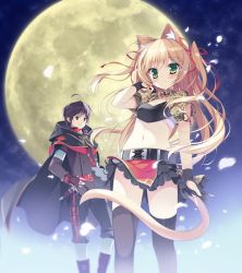 Rule 34 | 1boy, 1girl, ahoge, animal ears, bad id, bad pixiv id, bandages, black hair, blonde hair, blush, cape, capelet, cat, cat ears, cat tail, cowboy shot, dagger, fingerless gloves, fog, frilled skirt, frills, full moon, gettenrou no override, gloves, green eyes, grey thighhighs, hair ribbon, knife, light smile, long hair, looking at viewer, masushita, midriff, miniskirt, moon, navel, night, night sky, official art, petals, pouch, puffy short sleeves, puffy sleeves, red eyes, ribbon, short sleeves, skirt, sky, solo focus, star (sky), tail, tareme, thighhighs, two side up, wavy hair, weapon, zettai ryouiki