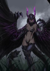 Rule 34 | 1girl, armor, black hair, breasts, claws, dark, dragon horns, dragon tail, dragon wings, glowing, glowing wings, gore magala, grass, highres, horns, less, long hair, looking at viewer, medium breasts, monster girl, monster hunter (series), navel, no eyes, open hands, personification, scale armor, scales, simple background, smile, solo, standing, tail, wings