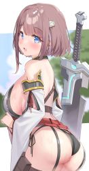 Rule 34 | 1girl, ass, back, blue eyes, blush, borrowed character, breasts, brown hair, detached sleeves, greatsword, highres, hitoyo (baffu), kanzarin, large breasts, looking at viewer, open mouth, original, short hair, solo, sword, wide sleeves