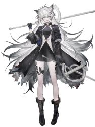 Rule 34 | 1girl, animal ears, arknights, bad id, bad twitter id, black coat, black dress, black footwear, black gloves, boots, brooch, buttons, coat, collared coat, dress, gloves, grey eyes, hair ornament, hairclip, highres, holding, holding weapon, jewelry, lappland (arknights), lappland (refined horrormare) (arknights), long hair, long sleeves, material growth, official alternate costume, open mouth, oripathy lesion (arknights), scar, scar across eye, scar on face, silver hair, simple background, smile, solo, standing, sword, tail, torn clothes, weapon, white background, wolf ears, wolf girl, wolf tail
