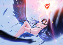 Rule 34 | 1girl, albedo (overlord), angel wings, arms up, black hair, breasts, convenient censoring, darkmuleth, feathers, gradient background, hair censor, highres, horns, large breasts, long hair, long legs, navel, nude, overlord (maruyama), solo, very long hair, wings, yellow eyes