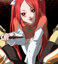 Rule 34 | 1girl, blood, long hair, lowres, red eyes, red hair, rommy, tales of (series), tales of the tempest, thighhighs, tongue, twintails, weapon
