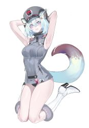 Rule 34 | 1girl, absurdres, ammunition pouch, animal ears, armpits, arms behind head, arms up, blue archive, boots, crossed bangs, earrings, echj, epaulettes, full body, fur-trimmed boots, fur hat, fur trim, gloves, green eyes, grey gloves, grey jacket, hair ornament, hairclip, hat, high heel boots, high heels, highres, jacket, jewelry, kneeling, light green hair, multicolored eyes, o-ring, pink eyes, pouch, shigure (blue archive), sleeveless, tail, ushanka, weasel ears, weasel tail, white background