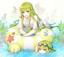 Rule 34 | 2others, adjusting eyewear, androgynous, artist name, ball, barefoot, beachball, blush, caustics, clam shell, collarbone, commentary, drawstring, ede, enkidu (fate), eyelashes, fate/grand order, fate (series), feet, flower, goggles, goggles on head, green eyes, green hair, hand up, highres, in water, innertube, kingu (fate), long hair, looking at another, looking down, multiple others, open mouth, other focus, partially submerged, plant, purple eyes, seashell, shell, shirt, short sleeves, sidelocks, smile, soles, starfish, striped, striped innertube, swim ring, toes, twitter username, v-shaped eyebrows, very long hair, water, water drop, wet, wet hair, white background, white shirt