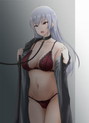 Rule 34 | 1girl, bra, breasts, brown eyes, collar, collarbone, commentary request, conte ryuu, exhibitionism, flashing, idolmaster, idolmaster cinderella girls, jacket, lace, lace-trimmed bra, lace-trimmed panties, lace trim, leash, lingerie, long hair, medium breasts, navel, open clothes, open jacket, open mouth, panties, public indecency, red bra, red panties, silver hair, solo, takamine noa, underwear, viewer holding leash, wall