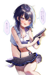 Rule 34 | 1girl, @ @, absurdres, bare shoulders, black hair, black skirt, blue hair, blush, breasts, cleavage, clothes lift, collared shirt, colored inner hair, commentary request, crop top, crossed bangs, dirty, dirty clothes, ear piercing, earrings, false smile, gun, hair between eyes, highres, holding, holding gun, holding weapon, ichinose uruha, jewelry, long hair, looking at viewer, medium breasts, messy hair, miniskirt, multicolored hair, navel, piercing, pleated skirt, pome charo, purple eyes, purple hair, shirt, simple background, skirt, skirt lift, sleeveless, sleeveless shirt, smile, solo, speech bubble, stomach, streaked hair, stud earrings, suspender skirt, suspenders, tearing up, virtual youtuber, vspo!, weapon, white background, white shirt, wolf cut