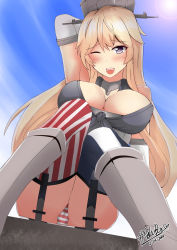 Rule 34 | 10s, 1girl, ;d, absurdres, american flag panties, armpits, asymmetrical legwear, blonde hair, boots, breasts, bridal gauntlets, cloud, grey footwear, highres, iowa (kancolle), kantai collection, large breasts, long hair, looking at viewer, mismatched legwear, nekobox, one eye closed, open mouth, panties, purple eyes, sky, smile, solo, striped clothes, striped panties, teeth, thighhighs, underwear, upskirt, wink