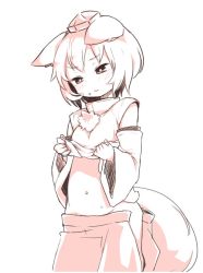 Rule 34 | 1girl, animal ears, blush, clothes lift, detached sleeves, done (donezumi), embarrassed, female focus, inubashiri momiji, midriff, monochrome, navel, shirt lift, short hair, solo, tail, touhou, wavy mouth, wolf ears, wolf tail