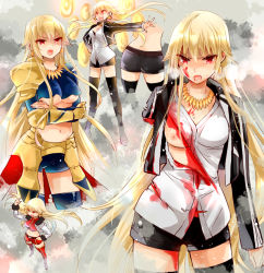 Rule 34 | 1girl, adapted costume, amputee, angry, armor, blonde hair, blood, blush, breasts, breasts out, cleavage, fate/hollow ataraxia, fate/stay night, fate (series), genderswap, genderswap (mtf), gilgamesh-ko, gilgamesh (fate), gradient background, injury, long hair, medium breasts, midriff, multiple persona, multiple views, navel, nipples, official alternate costume, open mouth, red eyes, smile, standing, thighhighs, underboob, very long hair, yakan (kusogaki teikoku), zettai ryouiki