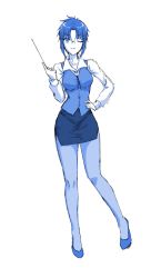 Rule 34 | 1girl, :3, alternate costume, axia-chan, blue eyes, blue hair, breasts, ciel (tsukihime), commentary, english commentary, glasses, high heels, highres, long sleeves, looking at viewer, medium breasts, melty blood, miniskirt, pantyhose, pencil skirt, shirt, short hair, skirt, smile, solo, teacher, thighhighs, tsukihime, type-moon, vest, wing collar