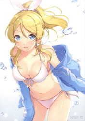 Rule 34 | 1girl, 6u (eternal land), absurdres, ayase eli, bikini, blonde hair, blue eyes, blush, breasts, cleavage, front-tie bikini top, front-tie top, hair ribbon, highres, huge filesize, leaning forward, long hair, looking at viewer, love live!, love live! school idol festival, love live! school idol project, medium breasts, navel, open mouth, ponytail, ribbon, scan, side-tie bikini bottom, simple background, smile, solo, sparkle, standing, swimsuit, white background, white bikini