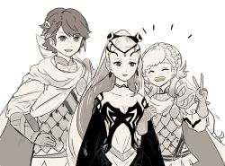 Rule 34 | 1boy, 2girls, alfonse (fire emblem), arm hug, armor, artist name, braid, breasts, brother and sister, cape, choker, cleavage, crown braid, dress, earrings, eir (fire emblem), closed eyes, fire emblem, fire emblem heroes, gloves, hair ornament, jewelry, long hair, monochrome, multiple girls, nintendo, open mouth, parted lips, sasaki (dkenpisss), scale armor, sharena (fire emblem), short hair, siblings, simple background, v, white background