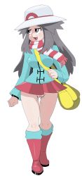 Rule 34 | 1girl, bag, blue jacket, blue socks, blush, boots, bottomless, breasts, clitoral hood, coat, creatures (company), female focus, full body, game freak, green (pokemon), grey eyes, grey hair, half-closed eyes, hand up, hat, highres, jacket, jaggy lines, kneehighs, long hair, long sleeves, matching hair/eyes, medium breasts, nintendo, no panties, open mouth, poke ball theme, pokemon, pokemon frlg, pussy, pussy juice, pussy juice drip, red footwear, scarf, skitterleaf, smile, socks, standing, striped clothes, striped scarf, teeth, transparent background, uncensored, walking, white headwear