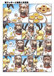 Rule 34 | !, !!, ..., 10s, 2girls, amatsukaze (kancolle), animal ears, blonde hair, blue eyes, closed eyes, comic, commentary request, cookie, crying, crying with eyes open, cup, elbow gloves, fake animal ears, food, food theft, gloves, grey hair, hair tubes, hairband, hands on lap, hat, hisahiko, i-class destroyer, kantai collection, kneeling, mini hat, multiple girls, open mouth, orange eyes, outstretched arms, plate, pointing, rabbit ears, school uniform, seiza, serafuku, shimakaze (kancolle), shirt, sidelocks, sitting, sleeveless, sleeveless shirt, spoken ellipsis, spoken exclamation mark, spread arms, striped clothes, striped legwear, striped thighhighs, surprised, tearing up, tears, thighhighs, translation request, twintails, two side up