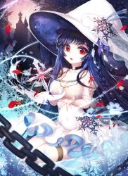 Rule 34 | 1girl, absurdres, bad id, bad pixiv id, blue hair, braid, breasts, chain, cleavage, collarbone, cross, dress, fantasy, hat, highres, jewelry, long hair, looking at viewer, medium breasts, necklace, open mouth, original, pendant, petals, red eyes, see-through, single braid, sitting, snow is, snow is , snowflakes, solo, tattoo, thigh strap, white dress, wizard hat