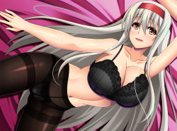 Rule 34 | 1girl, black bra, black panties, black pantyhose, bra, breasts, brown eyes, cameltoe, crotch seam, headband, kantai collection, lace, lace-trimmed bra, lace panties, lace trim, large breasts, long hair, lying, militia minpei, navel, on back, panties, panties under pantyhose, pantyhose, red headband, shoukaku (kancolle), solo, thighband pantyhose, underwear, underwear only, white hair