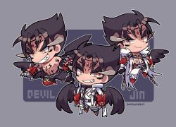 Rule 34 | 1boy, bandages, black hair, black pants, black wings, character name, chest tattoo, chibi, devil jin, facial mark, forehead jewel, gloves, grey horns, grin, horns, kazama jin, kotorai, male focus, multiple views, pants, pectorals, red gloves, shoulder tattoo, signature, smile, tattoo, tekken, thick eyebrows, topless male, v-shaped eyebrows, white pants, wings, yellow eyes