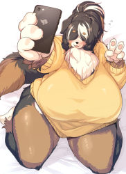 Rule 34 | 1girl, black fur, black hair, blush, body fur, breasts, brown fur, brown hair, cellphone, dog, furry, furry female, hair over eyes, highres, holding, holding phone, huge breasts, kishibe, long hair, multicolored fur, multicolored hair, open mouth, phone, smartphone, smile, solo, sweater, thick thighs, thighs, white fur, white hair