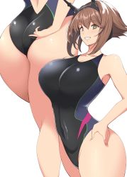 Rule 34 | 1girl, ass, breasts, bright pupils, brown hair, cleavage, collarbone, competition swimsuit, flipped hair, green eyes, grin, hand on own hip, headgear, highleg, highleg swimsuit, highres, huge breasts, kantai collection, kloah, looking at viewer, multiple views, mutsu (kancolle), one-piece swimsuit, short hair, simple background, smile, swimsuit, white background, white pupils
