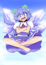 Rule 34 | 1girl, :d, ascot, barefoot, blue eyes, blue hair, blush, bow, censored, cirno, convenient censoring, convenient leg, crossed arms, dress, eruichi (redphantom), feet, groin, hair bow, highres, ice, indian style, crossed legs, matching hair/eyes, midriff, navel, no panties, open mouth, red phantom, short hair, sitting, skirt, smile, solo, touhou, wings