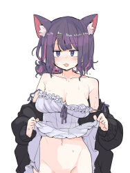Rule 34 | 1girl, :3, :3d, animal ear fluff, animal ears, bad id, bad twitter id, black jacket, blush, breasts, cat ears, character request, clothes lift, collarbone, copyright request, dress, dress lift, fang, groin, hair ornament, hairclip, highres, inactive account, jacket, jitome, lifting own clothes, looking at viewer, medium breasts, multicolored hair, navel, no panties, off shoulder, out-of-frame censoring, pink hair, purple eyes, purple hair, simple background, solo, streaked hair, sweat, tomatojam, white background