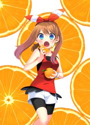 Rule 34 | 1girl, :o, absurdres, bad id, bad pixiv id, bike shorts, black shorts, blue eyes, bow, brown hair, collarbone, creatures (company), floating hair, food, fruit, game freak, hair bow, hairband, highres, holding, holding food, holding fruit, long hair, looking at viewer, may (pokemon), nintendo, pokemon, pokemon oras, red hairband, red shirt, shirt, short shorts, shorts, shorts under shorts, sleeveless, sleeveless shirt, solo, standing, striped, striped bow, white shorts, yuihico