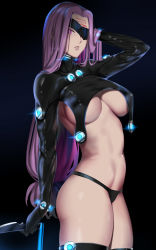 Rule 34 | 1girl, absurdres, arm at side, arm up, black background, black panties, black thighhighs, bodysuit, breasts, commentary request, covered erect nipples, eyepatch, facial mark, fate/stay night, fate (series), forehead mark, gantz, gantz suit, glowing, hand in own hair, highres, holding, holding knife, knife, kumiko shiba, large breasts, long hair, looking at viewer, medusa (fate), medusa (rider) (fate), no bra, no pants, no pupils, panties, parted lips, purple eyes, purple hair, revealing clothes, reverse grip, simple background, solo, standing, straight hair, thighhighs, underboob, underwear, very long hair