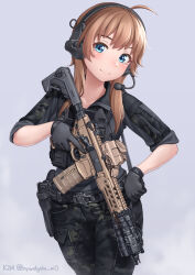 Rule 34 | 1girl, assault rifle, black gloves, black jacket, black pants, blue eyes, brown hair, camouflage, camouflage pants, gloves, gradient background, green pants, gun, headset, highres, jacket, kzm (sub-moa works), long hair, looking at viewer, optical sight, original, pants, rifle, sig mcx, smile, solo, twitter username, weapon, white background, woodland camouflage