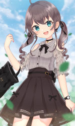 Rule 34 | 1girl, :d, ahoge, bag, black bow, black bowtie, black choker, black ribbon, blouse, blue eyes, blue sky, bow, bow skirt, bowtie, brown hair, brown skirt, choker, clothing cutout, collared shirt, cowboy shot, earrings, falling leaves, flower earrings, grey shirt, hair between eyes, hair ribbon, high-waist skirt, highres, holding, holding bag, holding clothes, holding skirt, hololive, jewelry, lace, lace-trimmed skirt, lace sleeves, lace trim, leaf, looking at viewer, medium hair, nail polish, natsuiro matsuri, natsuiro matsuri (casual), open mouth, outdoors, pink nails, plaid, plaid shirt, puffy short sleeves, puffy sleeves, ribbon, rissaaaan, see-through, see-through sleeves, shirt, short sleeves, shoulder cutout, skirt, sky, smile, solo, tote bag, twintails, virtual youtuber, watch, wristwatch