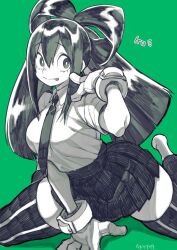 Rule 34 | 1girl, :&gt;, asui tsuyu, boku no hero academia, frog girl, gloves, green background, greyscale with colored background, hair rings, highres, long hair, necktie, pleated skirt, school uniform, signature, skirt, takatsuki ichi, thick thighs, thighhighs, thighs, tongue, tongue out, u.a. school uniform