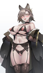 Rule 34 | 1girl, :d, animal ear fluff, animal ears, arknights, bare shoulders, black choker, black coat, black gloves, blush, bra, breasts, brown hair, brown thighhighs, choker, clitoris piercing, coat, collarbone, cowboy shot, crotchless, crotchless panties, cupless bra, earrings, elbow gloves, extra ears, garter belt, garter straps, gins, gloves, highres, jewelry, large breasts, looking at viewer, navel, nipple piercing, nipples, open clothes, open coat, open mouth, panties, penance (arknights), piercing, pussy piercing, ring, short hair, simple background, skindentation, smile, solo, stomach, thighhighs, toned, underboob, underwear, undressing, v-shaped eyebrows, white background, wolf ears, yellow eyes