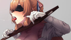 Rule 34 | 1girl, black blindfold, blindfold, bound, bound wrists, breasts, breasts out, brown hair, collarbone, collared shirt, covered eyes, girls&#039; frontline, hair rings, highres, large breasts, long hair, long sleeves, nakiusagi, off shoulder, open clothes, open mouth, open shirt, out-of-frame censoring, pillory, ponytail, shirt, sidelocks, solo, springfield (girls&#039; frontline), tongue, tongue out, upper body, white shirt