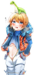Rule 34 | 1girl, absurdres, animification, apex legends, blue gloves, blue sweater, blush, bodysuit, breasts, clothes lift, embarrassed, facial scar, gloves, highres, hood, hooded jacket, jacket, medium breasts, navel, nessie (respawn), nitogebeto, on head, open mouth, orange jacket, ribbed sweater, scar, scar on cheek, scar on face, short hair, solo, stuffed toy, sweatdrop, sweater, sweater lift, underboob, wattson (apex legends), white background, white bodysuit