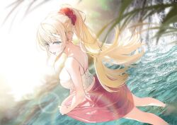 Rule 34 | 1girl, artist request, bare shoulders, blonde hair, breasts, character request, copyright request, dutch angle, green eyes, large breasts, long hair, ocean, partially submerged, ponytail, solo, wading