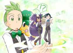 Rule 34 | !?, 1girl, 2boys, ash ketchum, black hair, bow, bowtie, cake, cilan (pokemon), creatures (company), crustle, dark-skinned female, dark skin, food, formal, game freak, gen 5 pokemon, green hair, gym leader, holding, holding tray, iris (pokemon), looking at another, looking at viewer, multiple boys, nintendo, one eye closed, open mouth, outstretched arm, pansage, pokemon, pokemon (anime), pokemon (creature), pokemon bw (anime), purple hair, smile, standing, standing on one leg, star (symbol), stunfisk, teeth, teppo, tray