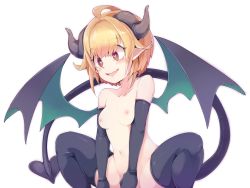 Rule 34 | 1girl, ahoge, black gloves, black thighhighs, blonde hair, breasts, brown eyes, demon girl, demon horns, demon tail, demon wings, elbow gloves, female focus, frfr, gloves, heart, heart-shaped pupils, highres, horns, medium breasts, nipples, nude, open mouth, original, pointy ears, short hair, simple background, smile, solo, squatting, symbol-shaped pupils, tail, thighhighs, white background, wings