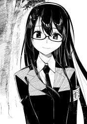 Rule 34 | 1girl, absurdres, alternate costume, buttons, closed mouth, collared shirt, glasses, greyscale, hair between eyes, hairband, highres, jacket, kantai collection, lips, long hair, long sleeves, masukuza j, monochrome, necktie, ooyodo (kancolle), school uniform, shirt, smile, solo, upper body