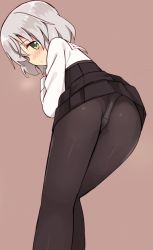 Rule 34 | 1girl, ass, bad id, bad pixiv id, black pantyhose, blush, from below, glastonbury1966, green eyes, grey hair, panties, panties under pantyhose, pantyhose, pantyshot, sanya v. litvyak, solo, standing, strike witches, underwear, world witches series