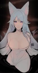Rule 34 | 1girl, absurdres, animal ear fluff, animal ears, artist logo, bare shoulders, blue eyes, blue hair, breasts, cleavage, closed mouth, collarbone, dress, hair between eyes, highres, indie virtual youtuber, large breasts, long hair, long sleeves, meribel, mole on body, silvervale, solo, strapless, strapless dress, virtual youtuber, white dress, wolf ears, wolf girl