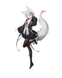 Rule 34 | 1girl, absurdres, animal ears, black footwear, black jacket, black pantyhose, boots, commentary, fox ears, fox girl, fox tail, head tilt, highres, jacket, knee boots, lee siu, nijisanji, nijisanji kr, official art, open hand, pantyhose, red eyes, sailor collar, second-party source, shirt, short hair, silver hair, solo, symbol-only commentary, tail, virtual youtuber, white shirt, xretakex