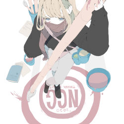 Rule 34 | 1girl, absurdres, artist name, black footwear, black sweater, blonde hair, blue eyes, boots, bucket, colored eyelashes, cross-laced footwear, crossed legs, from above, highres, holding, holding paintbrush, long bangs, long hair, long sleeves, looking at viewer, mask, mouth mask, no pupils, nocopyrightgirl, notebook, original, paint, paint on fingers, paint splatter, paint splatter on face, paintbrush, painting (action), pale skin, pants, paper, puffy sleeves, sidelocks, sleeves past wrists, solo, standing, sweater, white pants
