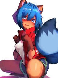 Rule 34 | 1girl, absurdres, animal ears, bad id, bad pixiv id, blue eyes, blue hair, blue shorts, blush, body fur, brand new animal, breasts, clenched hands, furry, furry female, highres, jacket, kagemori michiru, medium breasts, open mouth, paw pose, raccoon ears, raccoon girl, raccoon tail, red jacket, shirt, short hair, short shorts, shorts, solo, spread legs, squatting, tab head, tail, track jacket, white shirt