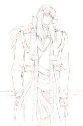 Rule 34 | 1boy, bolt crank, coat, eat-man, long hair, male focus, monochrome, simple background, sketch, solo, traditional media, trench coat, yoshitomi akihito