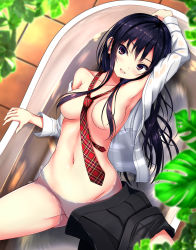 Rule 34 | 1girl, arm up, armpits, bathtub, black hair, black skirt, blurry, blurry foreground, blush, breasts, cleavage, collarbone, dress shirt, from above, groin, hair between eyes, hair over breasts, highres, indoors, kurokami (kurokaminohito), kurono mika, long hair, long sleeves, looking at viewer, medium breasts, navel, no panties, off shoulder, open clothes, open mouth, open shirt, original, partially submerged, pleated skirt, red eyes, red neckwear, shirt, skirt, skirt around one leg, smile, solo, stomach, uniform, white shirt