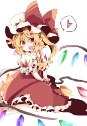 Rule 34 | 1girl, absurdres, ascot, blonde hair, blush, bow, commentary, crystal, dress, flandre scarlet, hat, hat bow, heart, highres, looking at viewer, medium hair, mob cap, one side up, open mouth, pointy ears, red bow, red dress, red eyes, simple background, solo, spoken heart, symbol-only commentary, touhou, tsumurikoto, white background, white hat, wings, wrist cuffs, yellow ascot