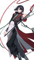 Rule 34 | 1boy, ameinu, black coat, black hair, black pants, braid, changpao, chinese clothes, coat, coattails, curtained hair, fate/grand order, fate (series), full body, green ribbon, hair ornament, highres, holding, holding staff, long hair, looking at viewer, male focus, pants, petals, purple eyes, red ribbon, ribbon, sandals, single braid, smile, solo, staff, striped clothes, striped pants, tai gong wang (fate), tassel, tassel hair ornament, vertical-striped clothes, vertical-striped pants, white background