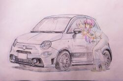 Rule 34 | 1girl, :d, abarth, aria (manga), aria company uniform, blush, car, cwind, dress, fiat 500, fiat 500 abarth, hair tubes, impossible clothes, impossible dress, leaning forward, long dress, mizunashi akari, motor vehicle, open mouth, pink hair, reflection, sailor collar, short hair with long locks, short sleeves, simple background, smile, solo, traditional media, vehicle focus, white dress, white footwear