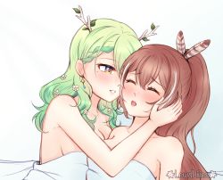Rule 34 | 2girls, antlers, artist name, blanket, braid, braided bangs, brown hair, ceres fauna, closed eyes, collarbone, commentary, crown braid, english commentary, feather hair ornament, feathers, gradient background, gradient hair, green hair, hair ornament, highres, hololive, hololive english, horns, leaf, lewdlilies, long hair, looking at another, mole, mole under eye, multicolored hair, multiple girls, nanashi mumei, nude, open mouth, ponytail, single braid, virtual youtuber, white background, white hair, yuri