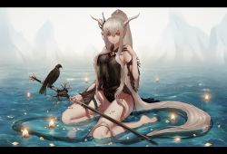 Rule 34 | 1girl, absurdly long hair, absurdres, arknights, bare legs, bare shoulders, barefoot, bird, black leotard, breasts, brown eyes, candle, commentary, guiyexiazhi, hair between eyes, halterneck, hand up, highres, holding, holding staff, horns, huge filesize, large breasts, leotard, letterboxed, long hair, looking at viewer, official alternate costume, pointy ears, ponytail, shining (arknights), shining (silent night) (arknights), sidelocks, silver hair, sitting, staff, thigh strap, thighs, very long hair, wariza, water
